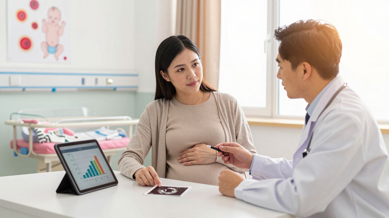 Grávida a consultar médico, olhando ecografia na mão, tablet com gráfico na mesa, ambiente clínico claro e tranquilo.