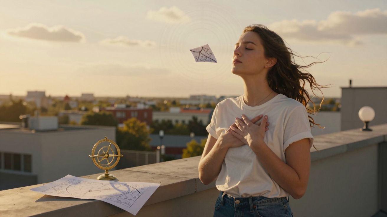 Mulher de olhos fechados sente o vento no rosto com mãos no peito numa varanda ao pôr do sol.