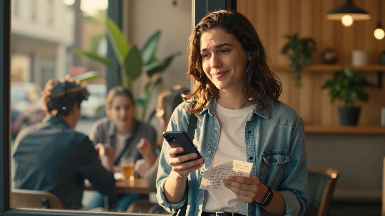 Mulher sorridente com smartphone e anotação na mão, em café com grupo de pessoas ao fundo.