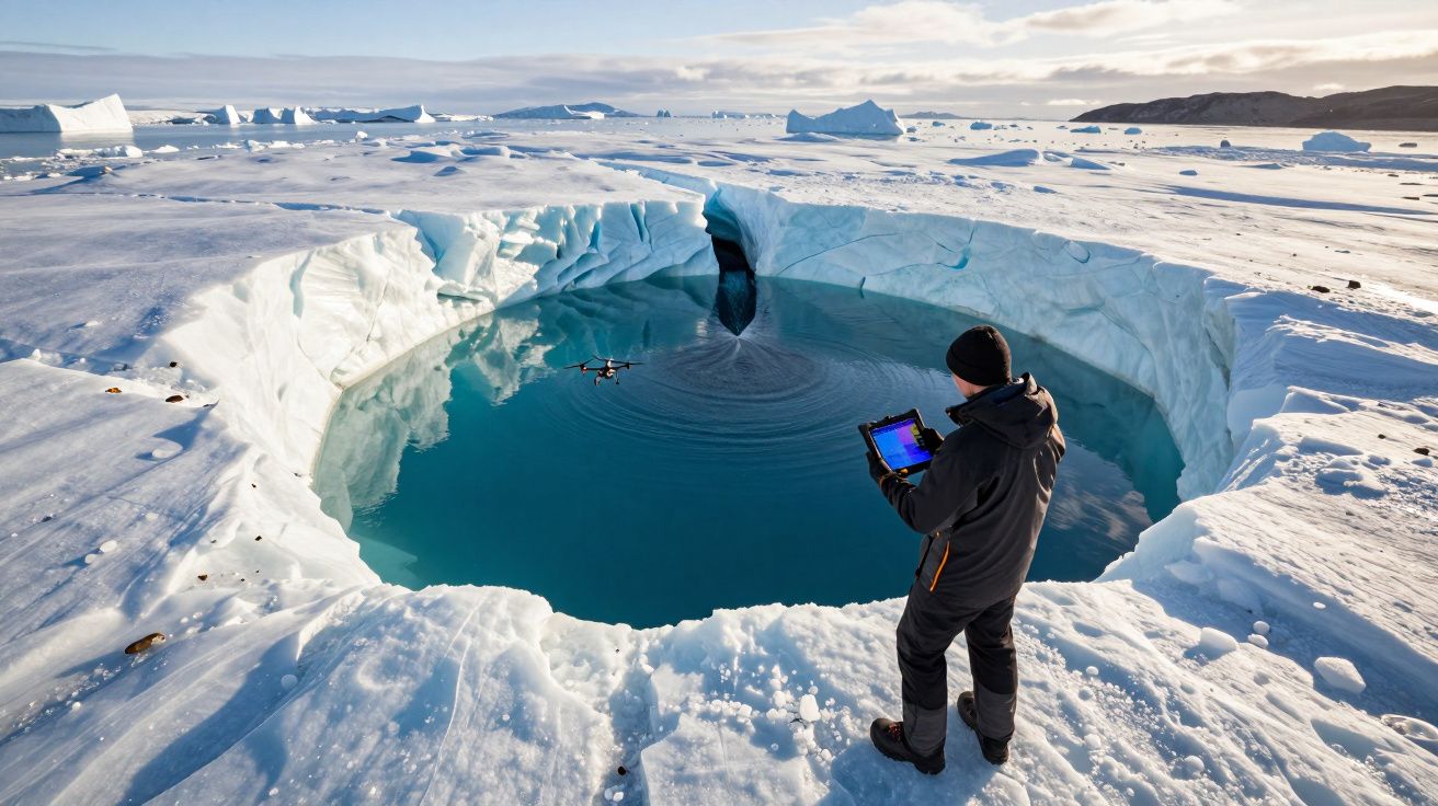 Homem operando um drone sobre um lago gelado rodeado de gelo na paisagem ártica.