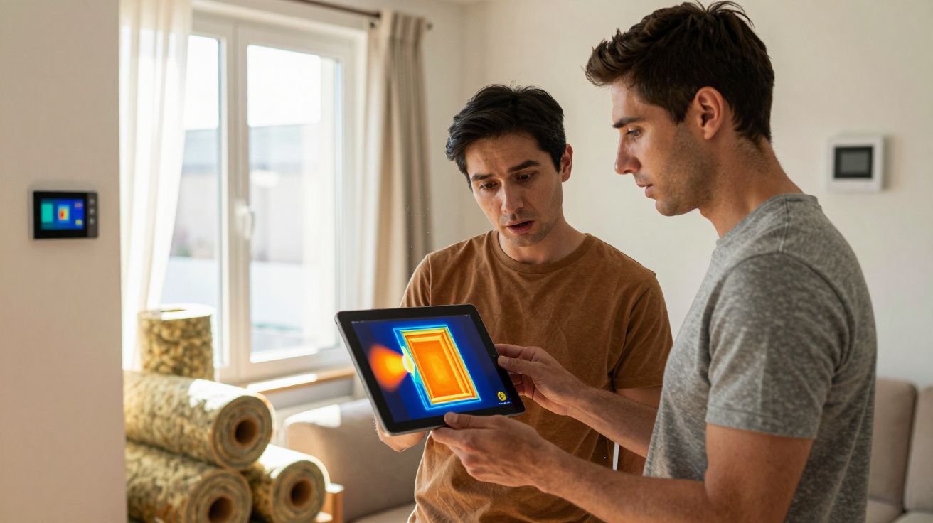 Dois homens analisam imagem térmica de uma porta num tablet dentro de uma casa.