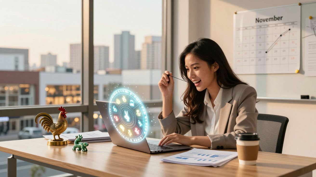 Mulher sorridente numa mesa de escritório a olhar para laptop com símbolos zodiacais virtuais na tela.