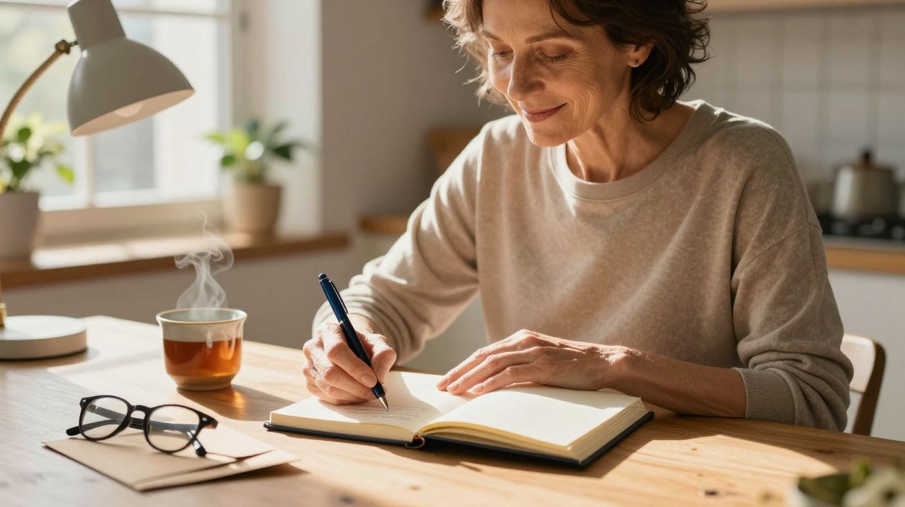 Mulher madura a escrever num caderno sentada à mesa com chá quente e óculos ao lado, luz natural.