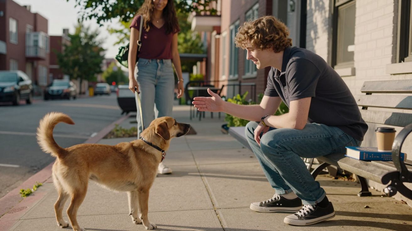 Homem sentado numa banca estende a mão para cumprimentar um cão, enquanto mulher observa com trela na mão.
