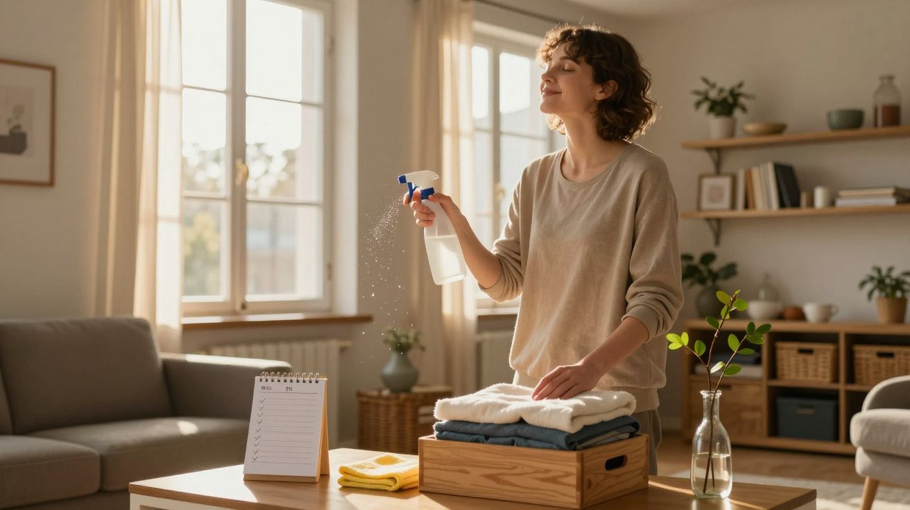 Mulher borrifando roupa com spray numa sala iluminada e aconchegante, ao lado de planta e bloco de notas.