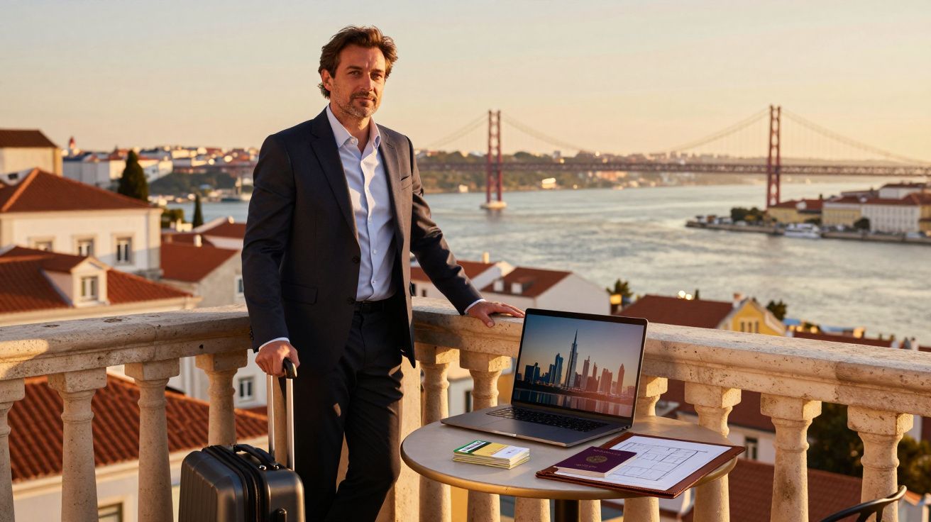 Homem de fato junto a mala de viagem numa varanda com vista para o rio e ponte ao pôr do sol em Lisboa.