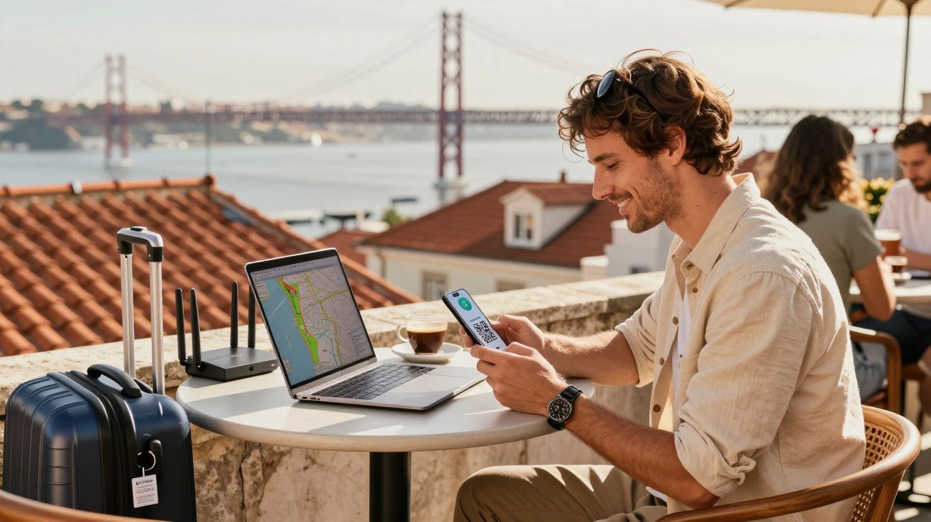 Homem sentado numa esplanada com computador, telemóvel e malas, com vista para uma ponte sobre o rio.
