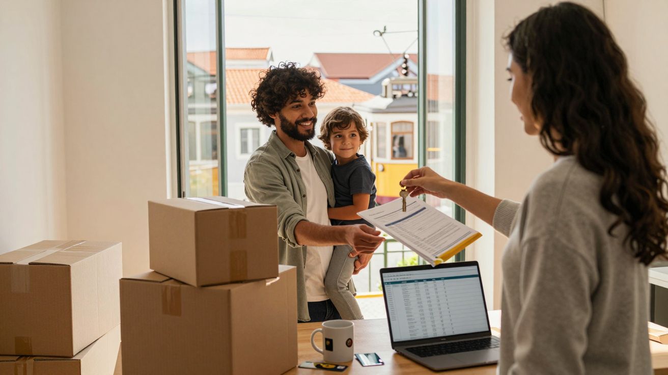 Homem com criança ao colo recebe chave e documento de mulher numa nova casa com caixas de mudanças.