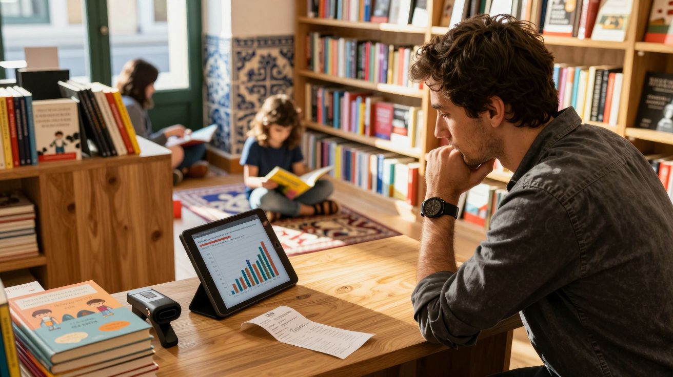 Homem a analisar gráfico num tablet numa livraria, com duas crianças a lerem no fundo.
