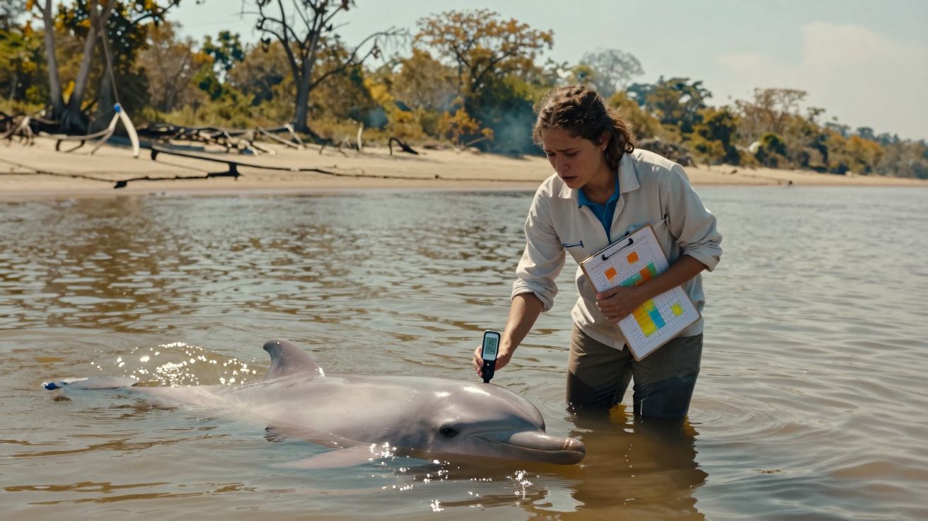 Mulher em água rasa a medir um golfinho com aparelho eletrónico perto de uma praia com árvores.