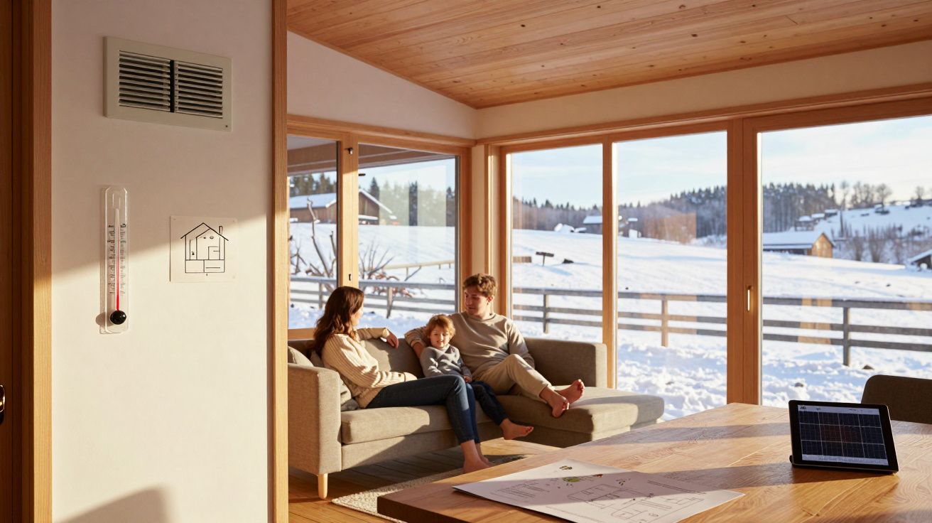 Família sentada no sofá numa sala com grandes janelas a mostrar paisagem nevada exterior.
