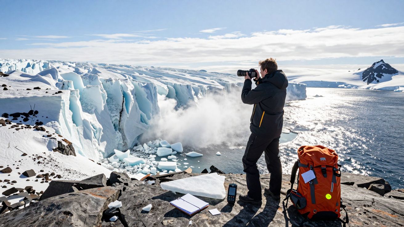 Fotógrafo num cenário gelado perto de uma geleira derretendo, com mochila laranja e equipamentos na pedra.