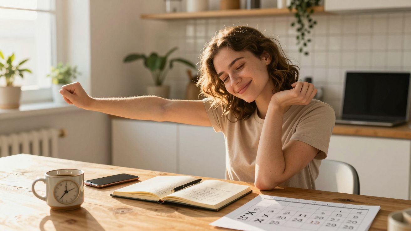 Mulher a alongar-se enquanto estuda à mesa com caderno, calendário, telemóvel e chá quente numa cozinha iluminada.