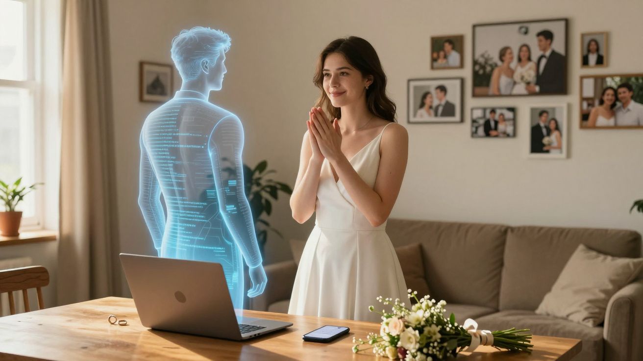Mulher sorridente em vestido branco interage com holograma masculino numa sala com fotos e flores.