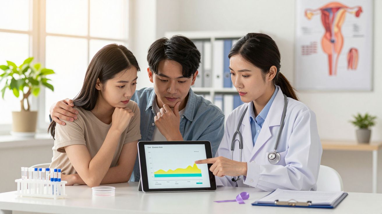 Médica explicando resultados de exames a casal preocupado numa consulta num consultório moderno.