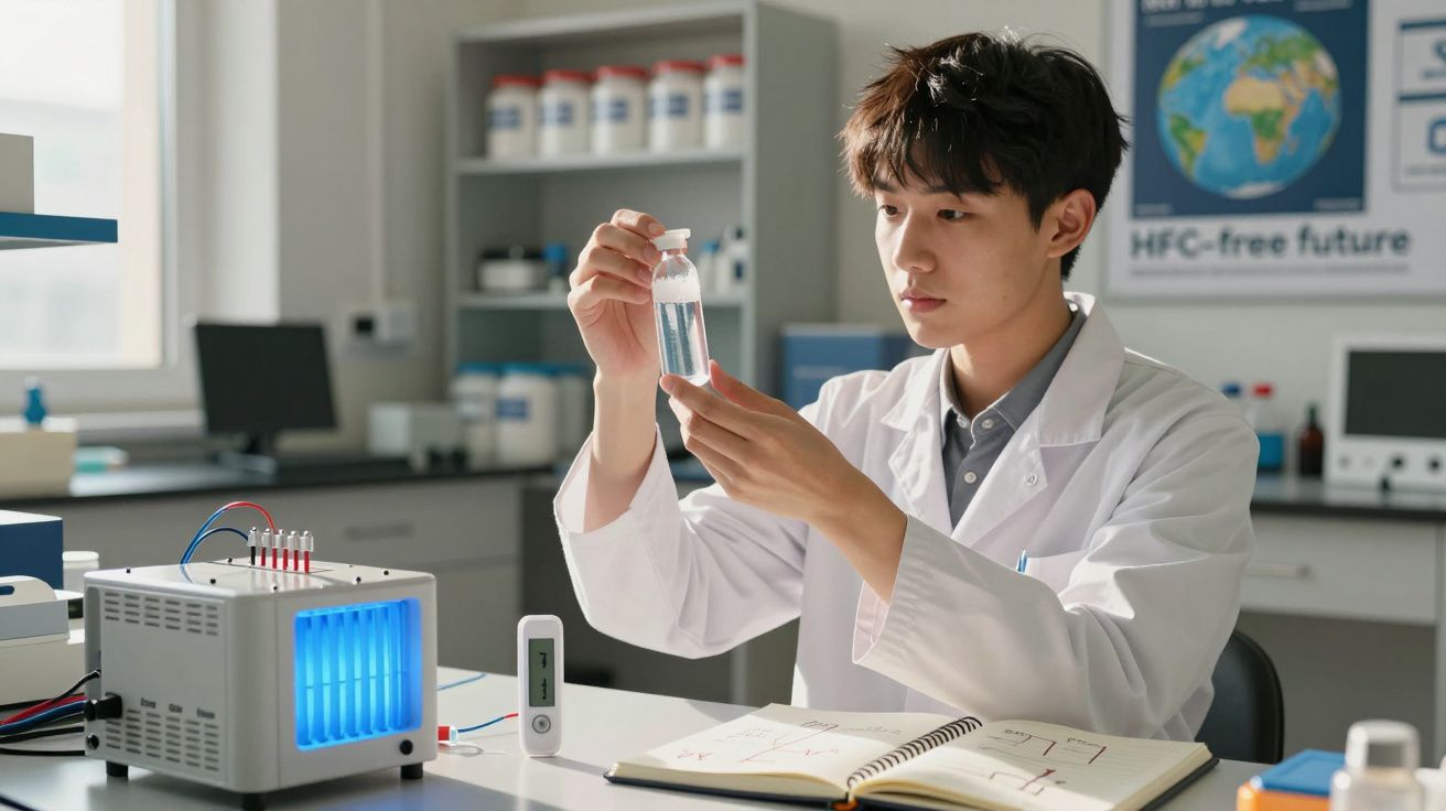 Cientista asiático a analisar frasco com líquido transparente num laboratório moderno.