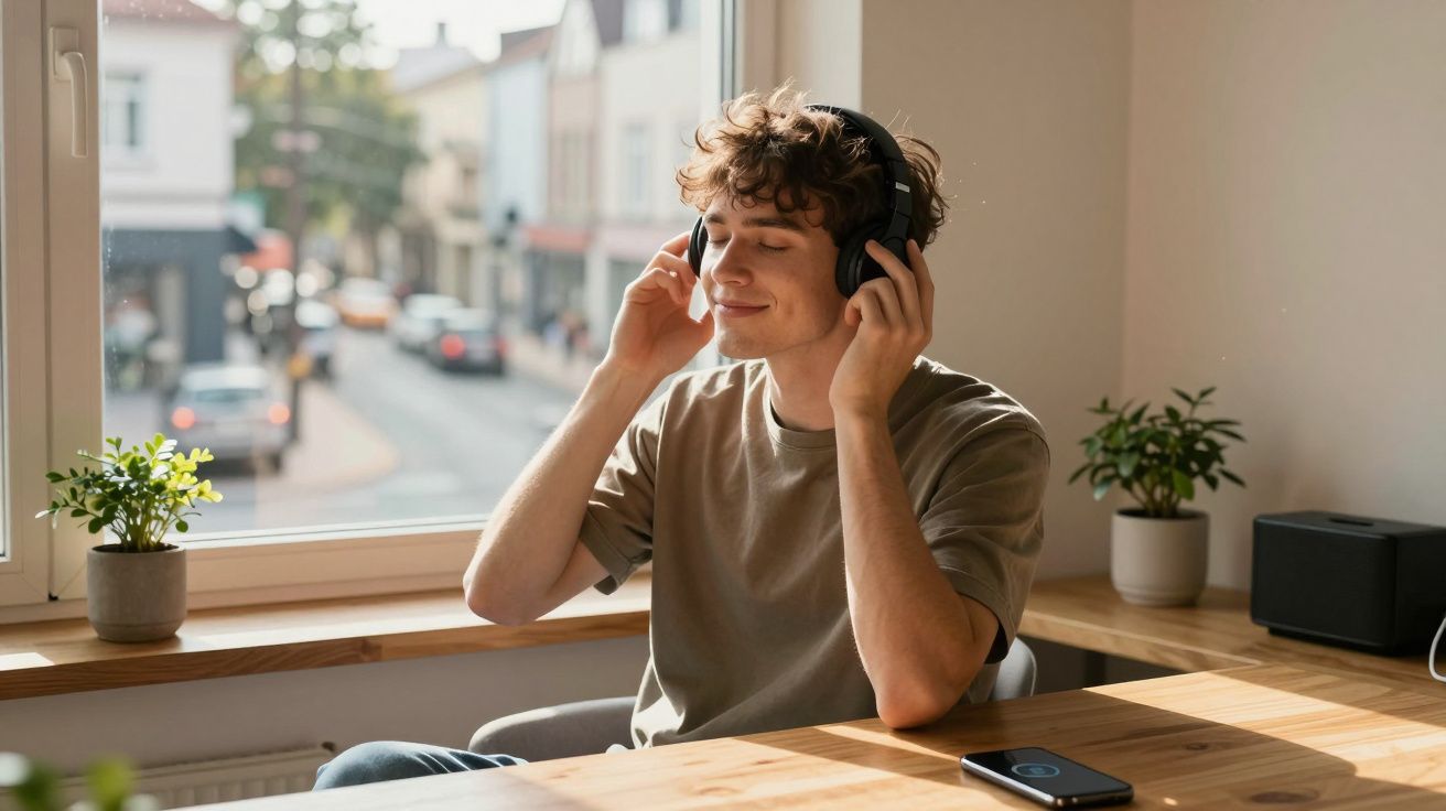 Jovem com olhos fechados a ouvir música com auscultadores numa sala iluminada junto a uma janela.