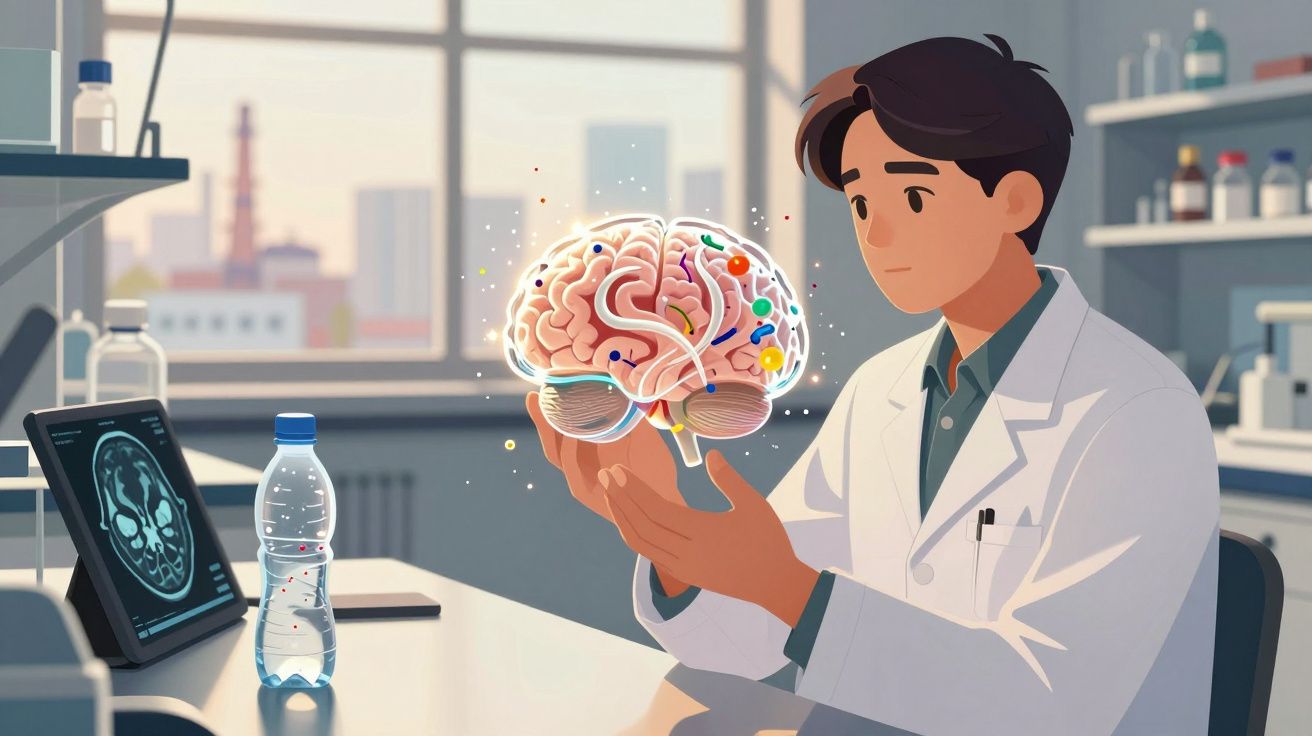 Cientista em laboratório a analisar modelo cerebral digital com imagem de ressonância magnética ao lado.