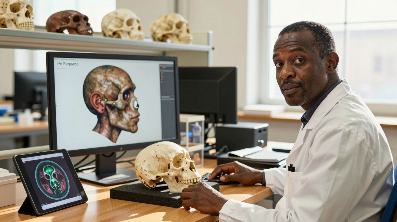 Cientista a analisar crânio humano com imagens médicas de crânio no computador e tablet num laboratório.