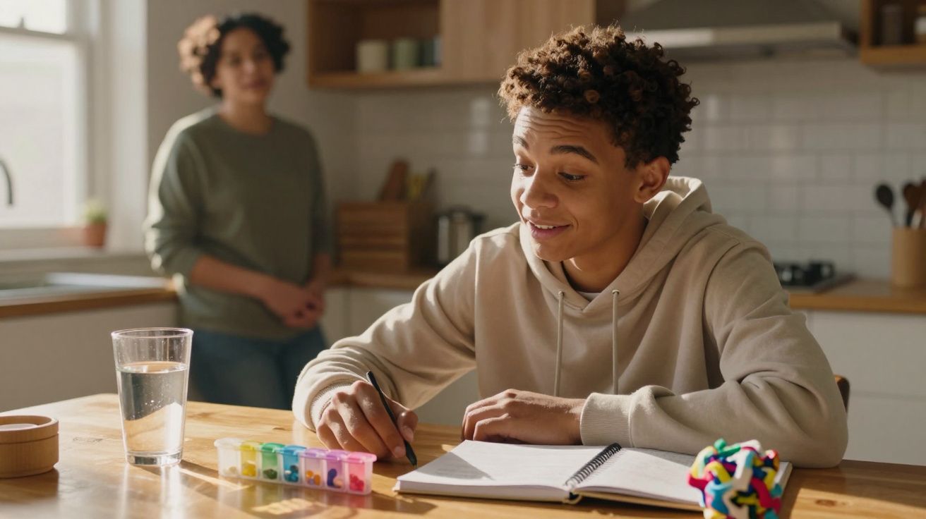 Jovem a estudar numa mesa com pastilha elástica, caneta e caderno, enquanto mulher observa na cozinha.