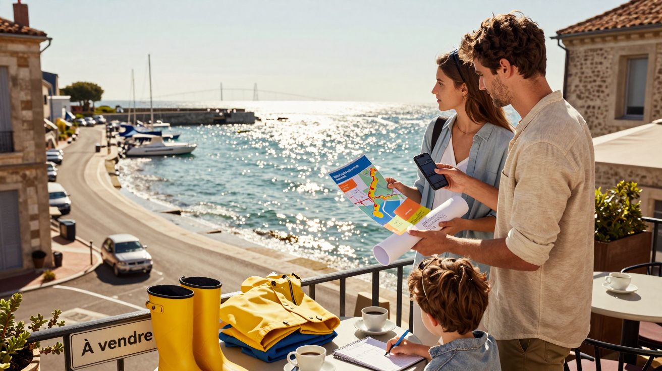 Família a planear passeio com mapa junto ao mar numa varanda com botas amarelas e casaco.