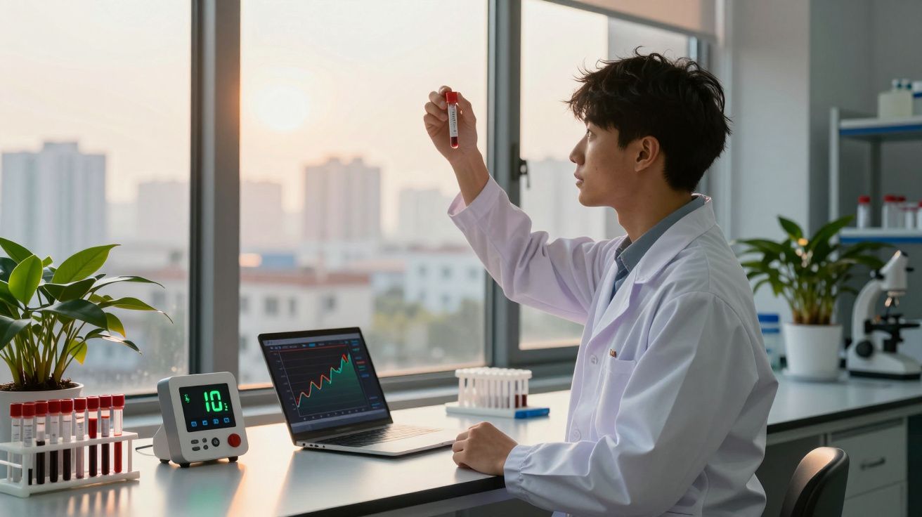 Cientista em laboratório a analisar tubo de ensaio, com computador e plantas na mesa junto à janela.