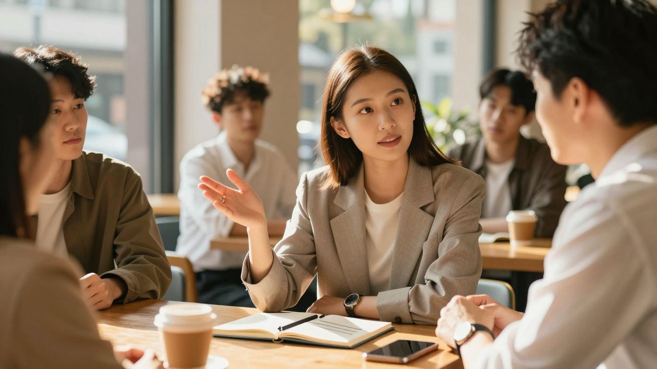 Grupo de jovens profissionais reunidos à mesa, a discutir ideias num ambiente informal com café.