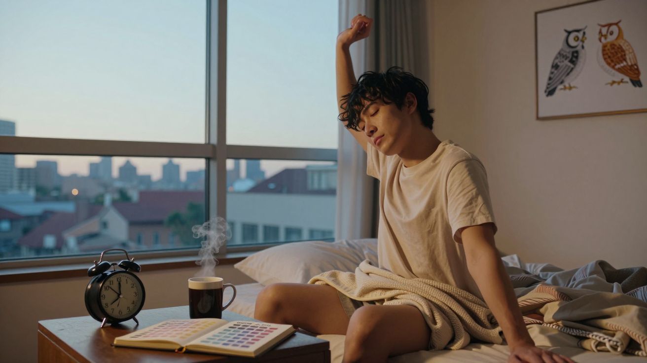 Jovem a despertar na cama junto a mesa com relógio, livro aberto e chá quente, ao amanhecer na cidade.