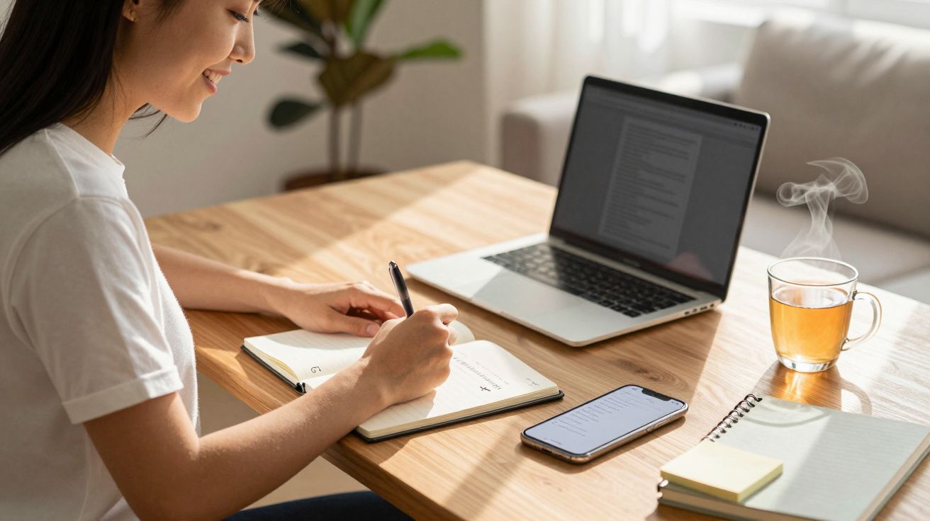 Mulher sentada a estudar com caderno, computador portátil, telemóvel e chá quente numa mesa de madeira.