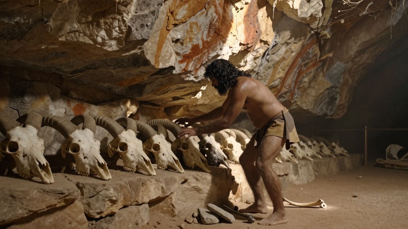 Homem pré-histórico em caverna organiza crânios de animais com chifres numa fila sobre pedra.