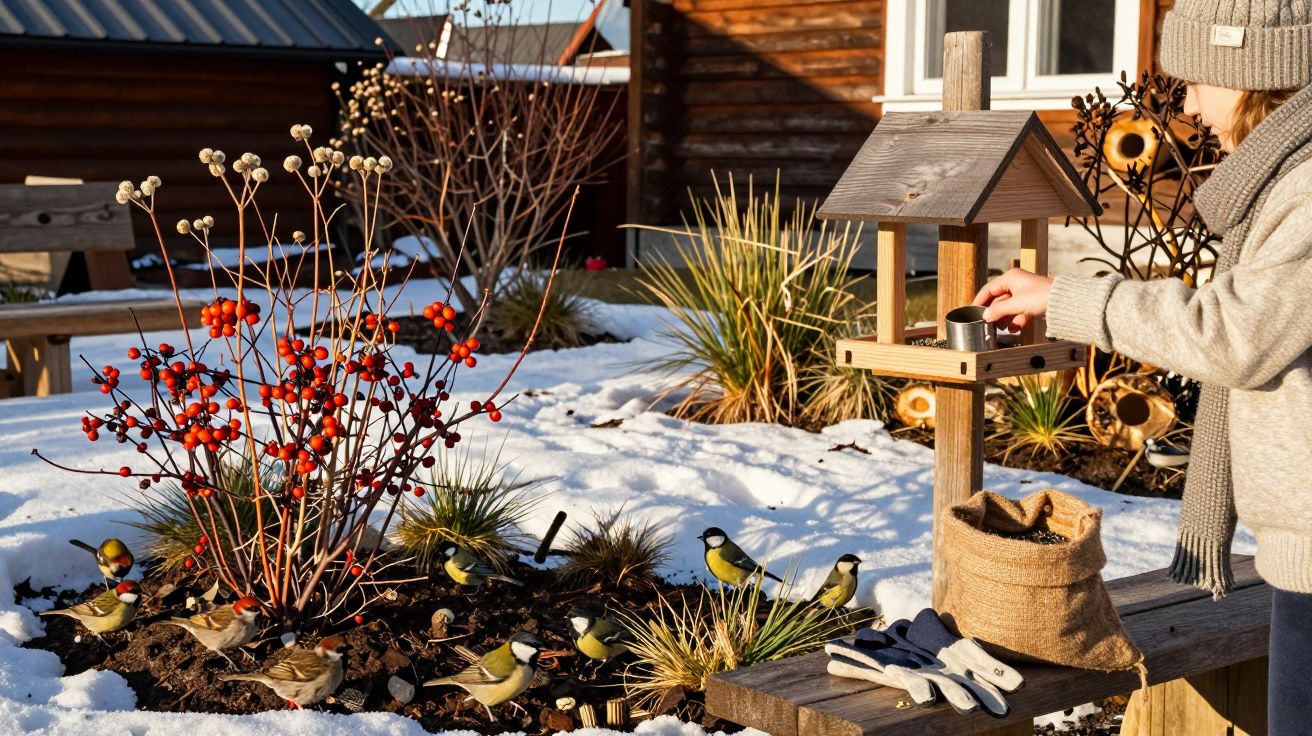 Criança a alimentar pássaros num alimentador de madeira, com neve e baga vermelha no jardim.