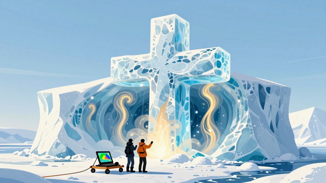 Dois exploradores observam uma cruz de gelo gigante com luzes e padrões brilhantes no Ártico.
