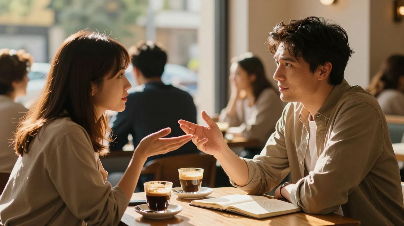 Casal jovem a conversar animadamente numa cafetaria com duas chávenas de café à mesa.