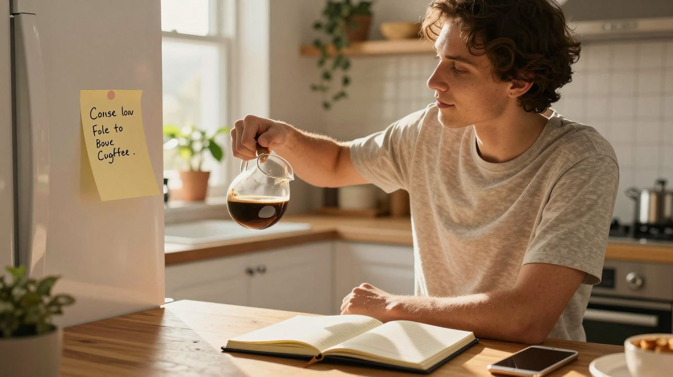 Homem jovem a verter café numa cozinha iluminada, com caderno aberto e telemóvel na mesa.