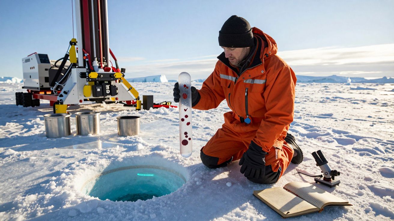 Cientista em roupa de neve laranja analisa amostra de gelo junto a equipamento e caderno na paisagem gelada.
