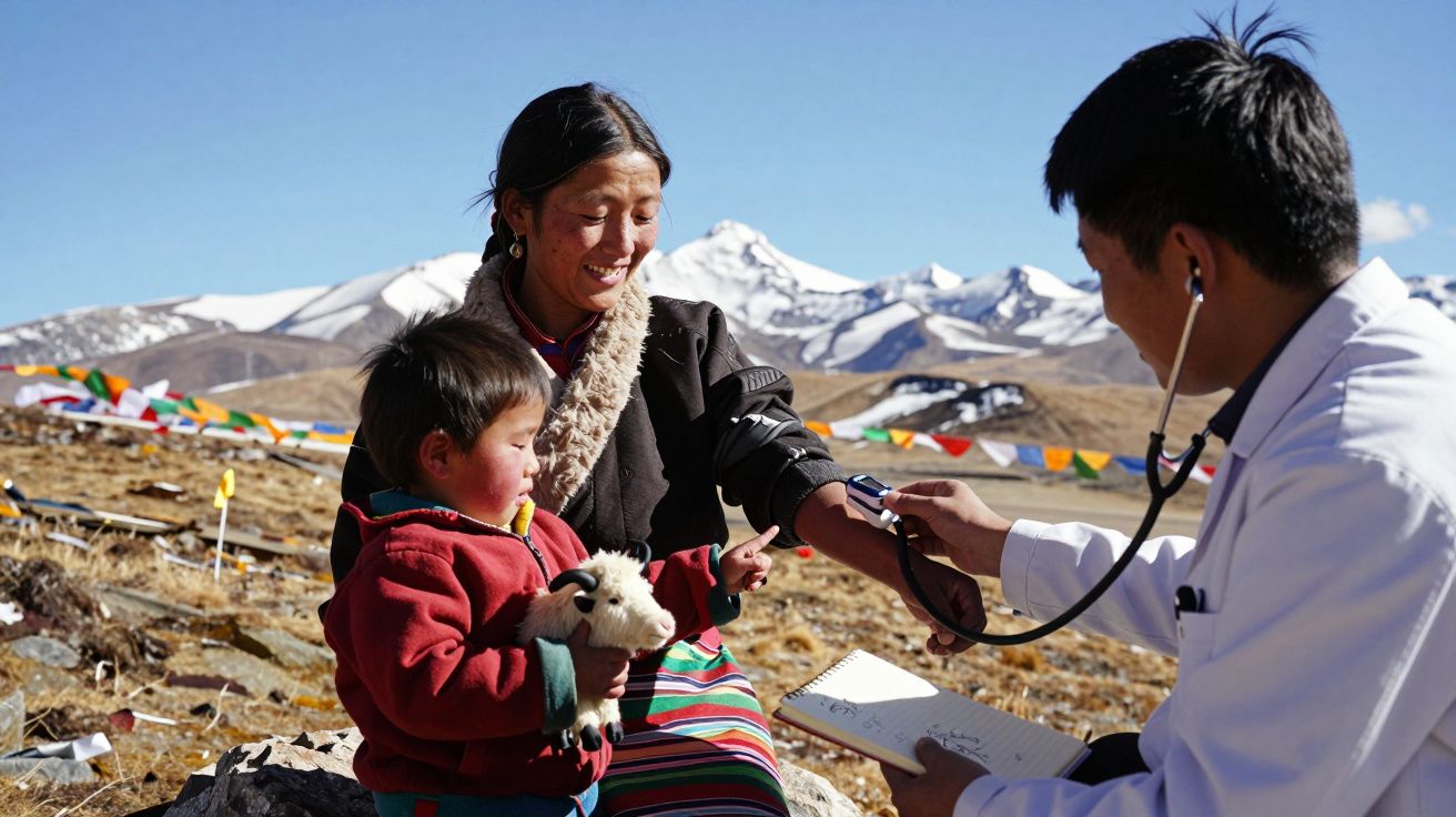Médico a medir a pressão arterial de mulher com criança ao colo, montanhas nevadas ao fundo.