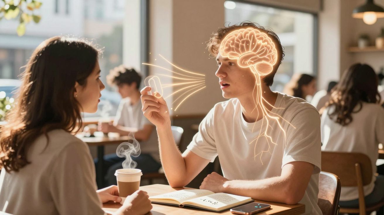 Rapaz explica a um grupo a importância do cérebro e do sistema nervoso na perceção sensorial.