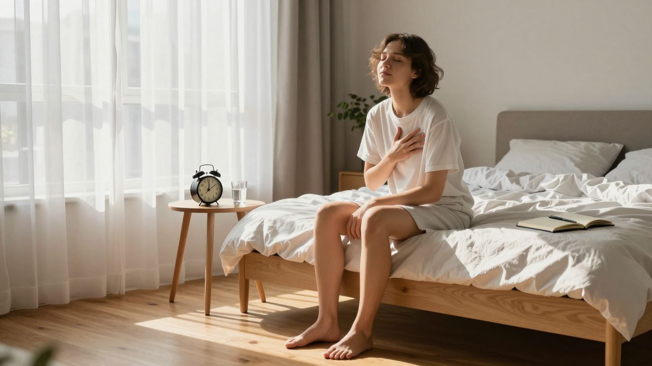 Mulher sentada na cama com olhos fechados a tocar o peito, num quarto iluminado pela luz natural.