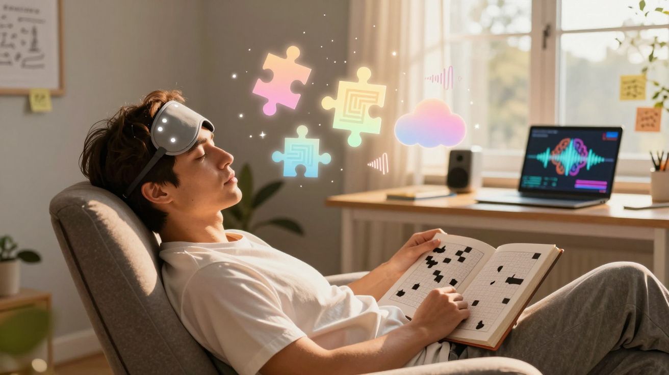 Jovem relaxa com máscara nos olhos e livro, enquanto imagens de peças de puzzle coloridas flutuam à sua frente.