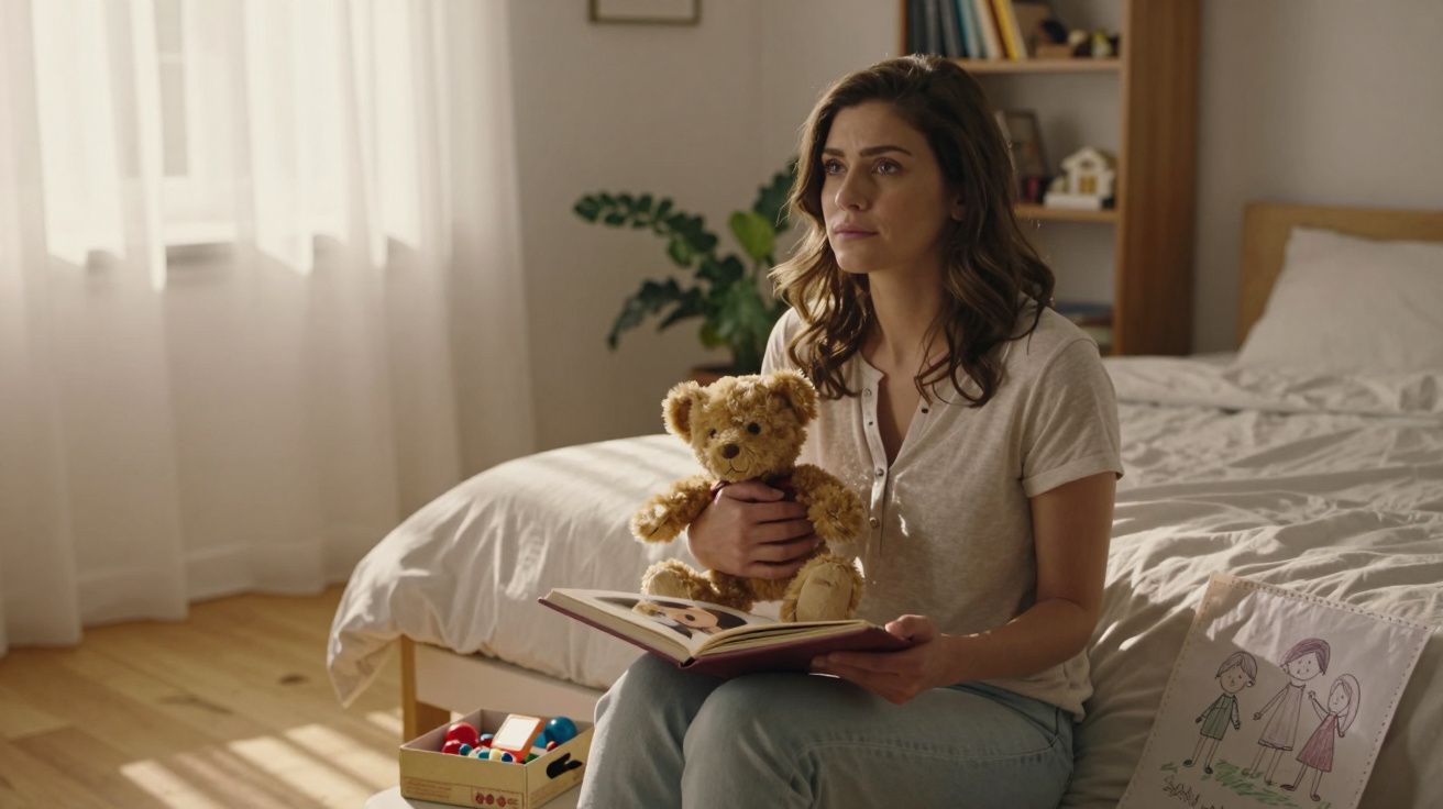 Mulher sentada na cama a segurar um urso de peluche e a ler um livro numa divisão iluminada.