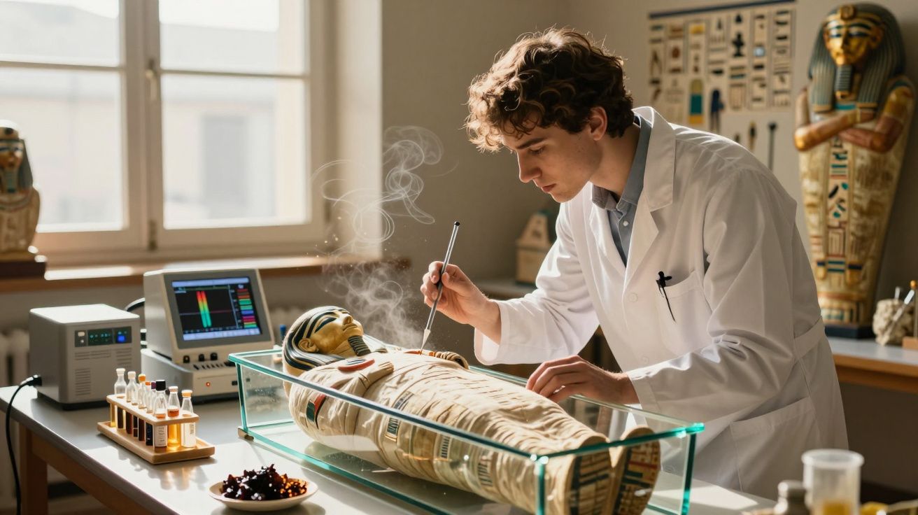 Homem em bata branca analisa e trabalha numa múmia egípcia dentro de vidro numa sala com equipamentos científicos.