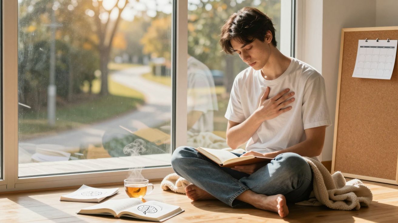 Rapaz sentado no chão junto à janela, lê livro com a mão no peito e chá quente ao lado.