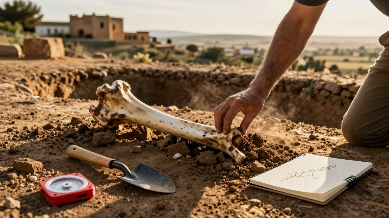 Arqueólogo a escavar e retirar um osso grande do solo num sítio arqueológico ao ar livre.