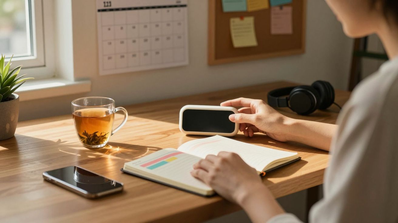 Pessoa sentada numa secretária a consultar um relógio digital, com chá, telemóvel e caderno abertos.