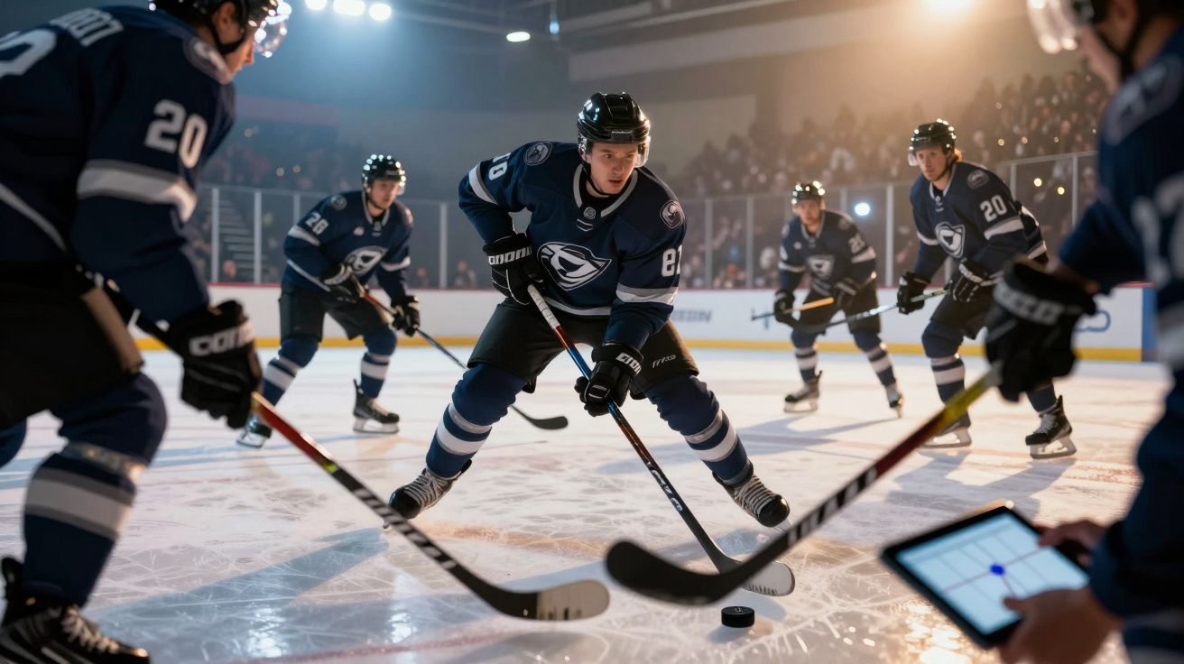 Jogadores de hóquei em patins em ação num rinque durante treino ou jogo, com público ao fundo.