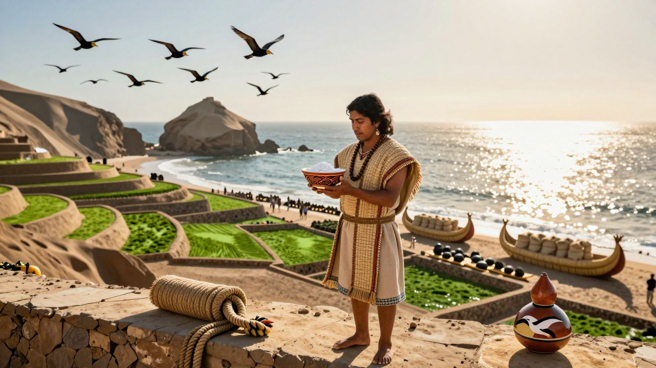 Homem em roupa tradicional observa cerâmica junto a terraços agrícolas junto ao mar com aves a sobrevoar.