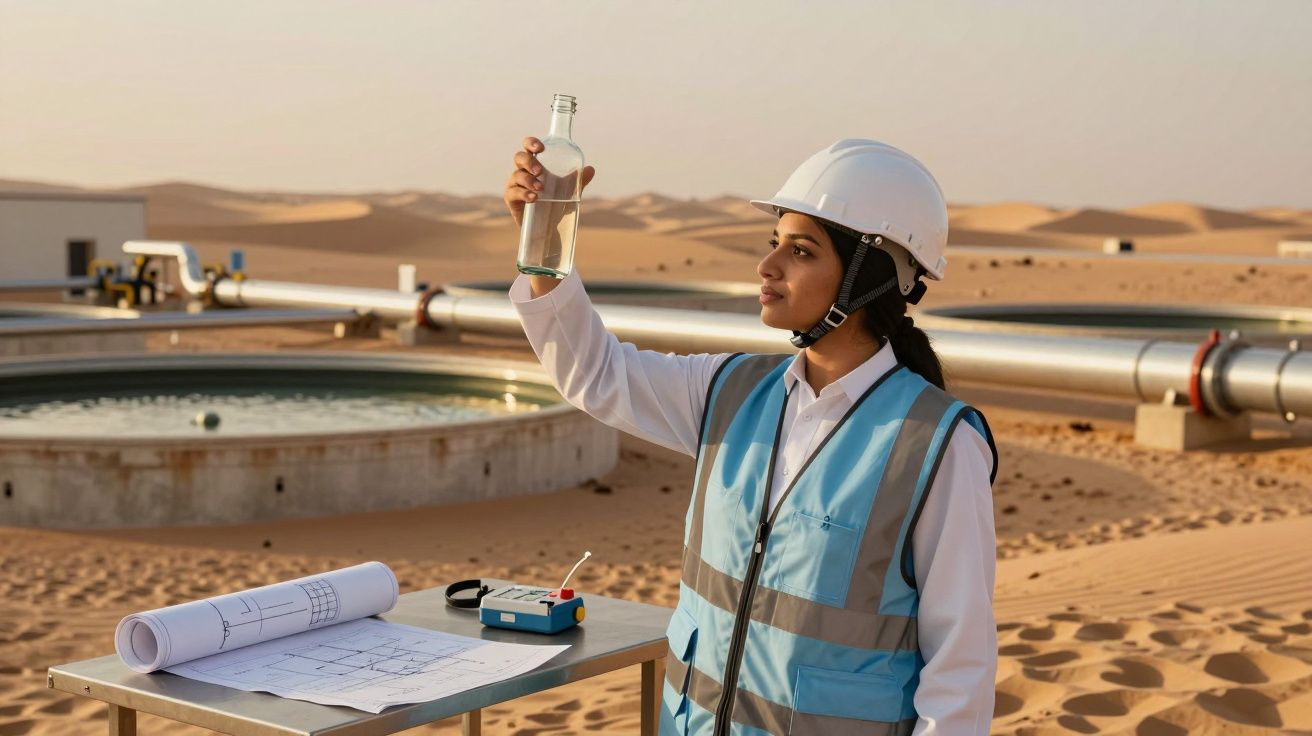 Engenheira com capacete e colete azul analisa amostra de água num deserto industrial.