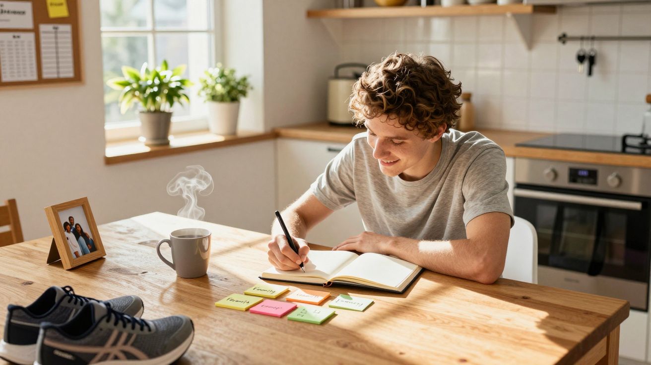 Jovem sentado numa cozinha iluminada, escrevendo num caderno com notas coloridas numa mesa de madeira.