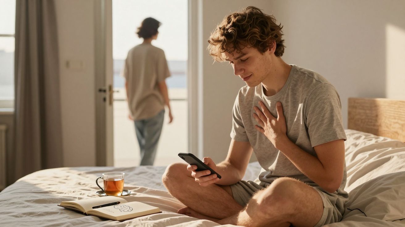 Homem sentado na cama a olhar para o telemóvel, mulher de costas junto à porta aberta numa divisão iluminada.