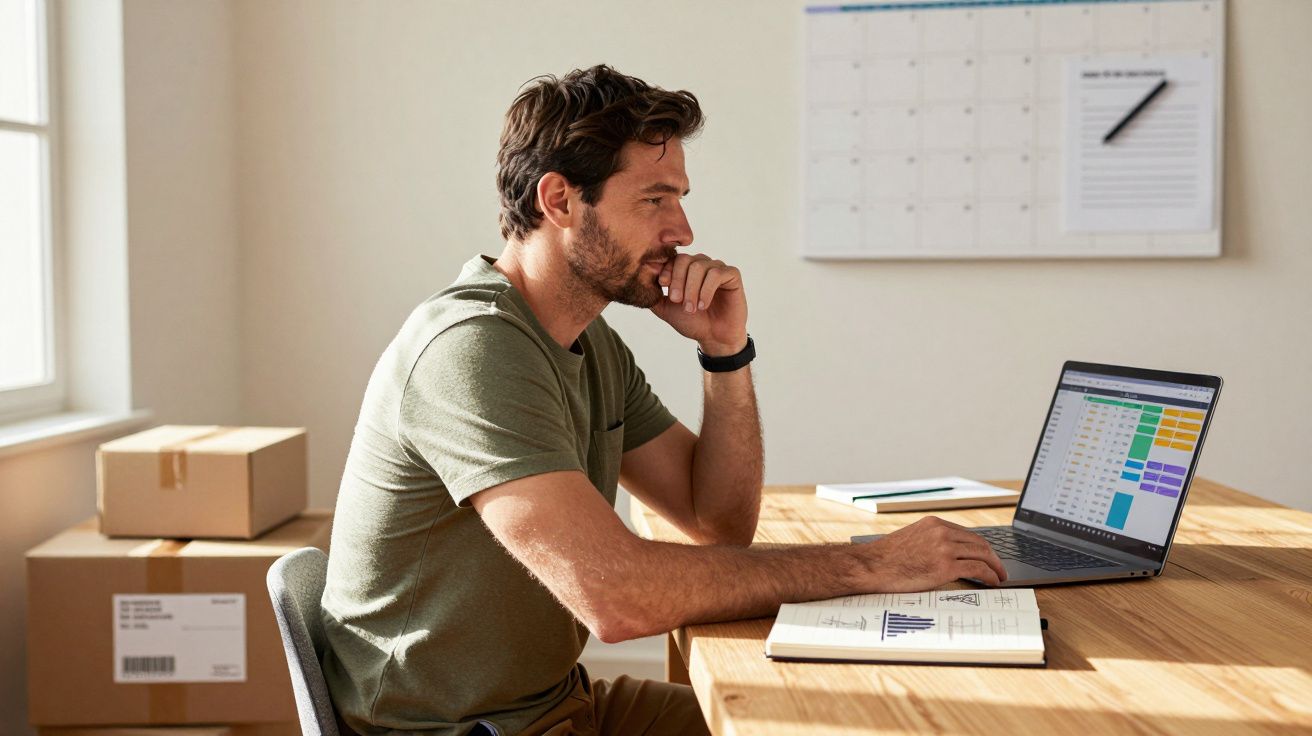 Homem a trabalhar num computador portátil num escritório com caixas e agenda na mesa.